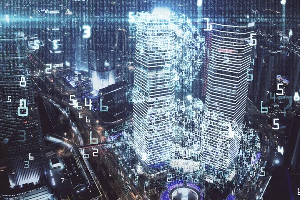 Datové téma hologram kreslení na pohled na město s mrakodrapy pozadí multi expozice. Ai koncept. — Stock fotografie