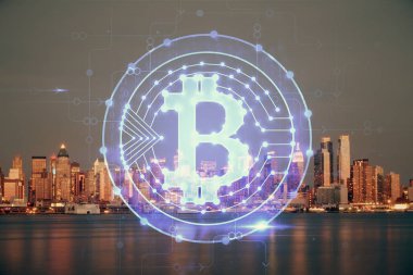 Kripto para birimi temalı hologram çizimine ve şehrin arka planına çoklu maruz kalma. Engelleme zinciri ve bitcoin kavramı.