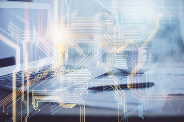 Bilgisayar ve dünya haritası hologramıyla masaüstü çifte pozlama. Uluslararası veri ağı kavramı.