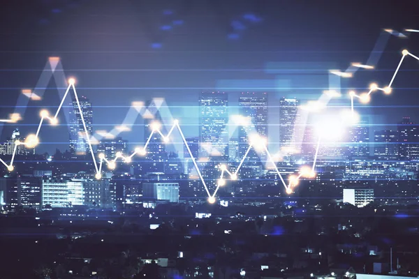 Financial graph on night city scape with tall buildings background multi exposure. Analysis concept. — Stock Photo, Image