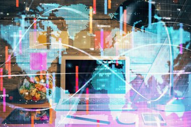 İş teması simgelerinin çifte pozlandırılması ve bilgisayar geçmişi olan çalışma alanı. Başarı kavramı.