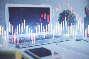 Bilgisayar geçmişi olan eski grafik hologramı. Çifte maruziyet. Finans piyasası kavramı.