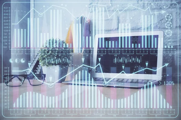 Double exposure of forex chart and work space with computer. Concept of international online trading. — Stock Photo, Image