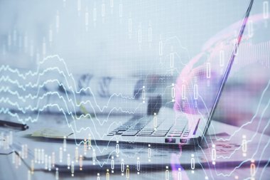 Bilgisayar geçmişi olan eski grafik hologramı. Çoklu maruz kalma. Finans piyasası kavramı.