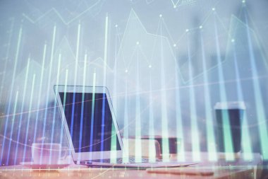 Bilgisayar geçmişi olan eski grafik hologramı. Çoklu maruz kalma. Finans piyasası kavramı.