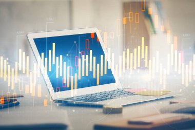 Bilgisayar geçmişi olan eski grafik hologramı. Çoklu maruz kalma. Finans piyasası kavramı.