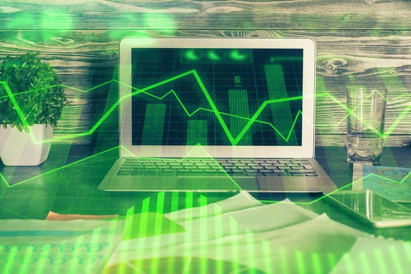 Double exposure of graph and financial info and work space with computer background. Concept of international online trading. — Stock Photo, Image