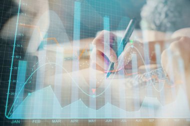 Finansal Forex grafik eller notları arka plan alarak görüntülenir. Araştırma kavramı. Çoklu pozlama