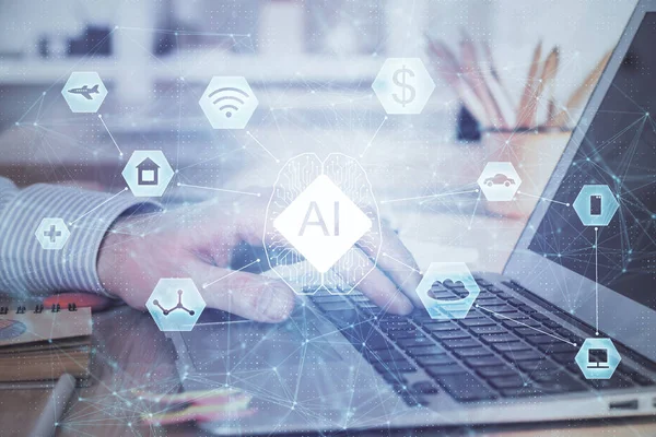 Teknoloji temalı dizüstü bilgisayarda çalışan bir adam. Büyük veri kavramı. Çift pozlama.