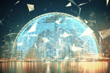 İş temalı hologram çizimine ve şehrin arka planına çifte maruz kalma. Başarı kavramı.