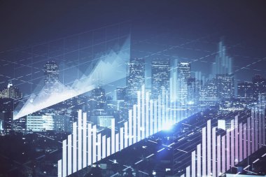 Yüksek binalar arka plan çok pozlama ile gece şehir scape mali grafik. Analiz kavramı.