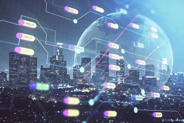 Mapa y datos tema holograma en vista de la ciudad con rascacielos fondo doble exposición. Tecnología internacional en concepto de negocio. —  Fotos de Stock