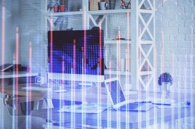 Arka planda eski pazar grafik hologramı ve kişisel bilgisayar var. Çoklu maruz kalma. Yatırım kavramı.