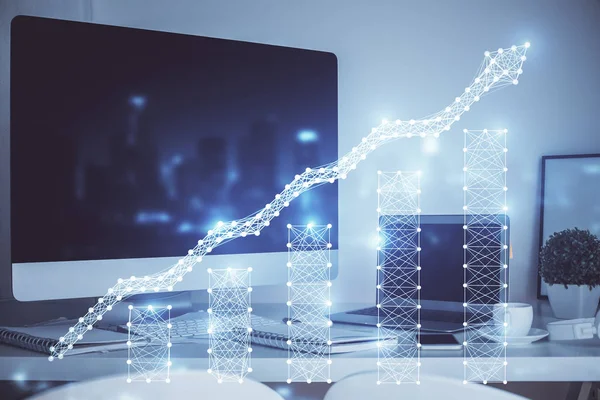 Forex market chart hologram and personal computer background. Double exposure. Concept of investment. — Stock Photo, Image