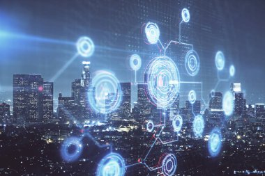 Veri temalı hologram gökdelenlerin arka planında çift pozlama ile şehir görünümüne çizim yapıyor. Ai kavramı.