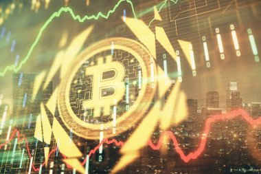 Kripto para birimi temalı hologram çizimine ve şehrin arka planına çoklu maruz kalma. Engelleme zinciri ve bitcoin kavramı.