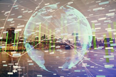 İş temalı hologram çizimine ve şehrin arka planına çifte maruz kalma. Başarı kavramı.