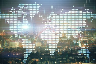 İş temalı hologram çizimine ve şehrin arka planına çifte maruz kalma. Başarı kavramı.