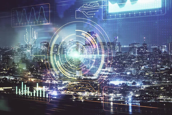 Veri temalı hologram gökdelenler arka planda çoklu pozlama ile şehir görünümüne çizim yapıyor. Ai kavramı.