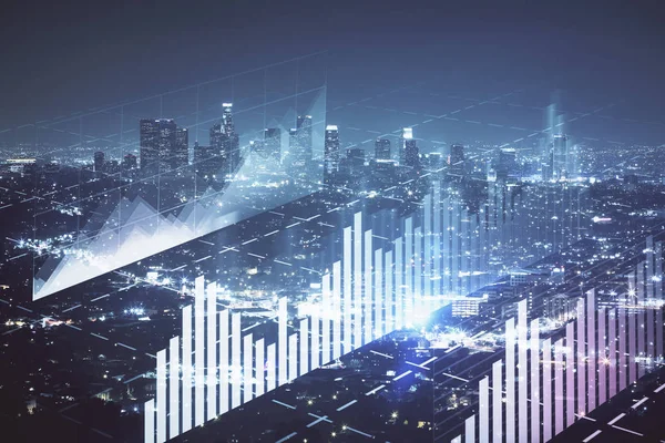 Financial graph on night city scape with tall buildings background multi exposure. Analysis concept. — Stock Photo, Image