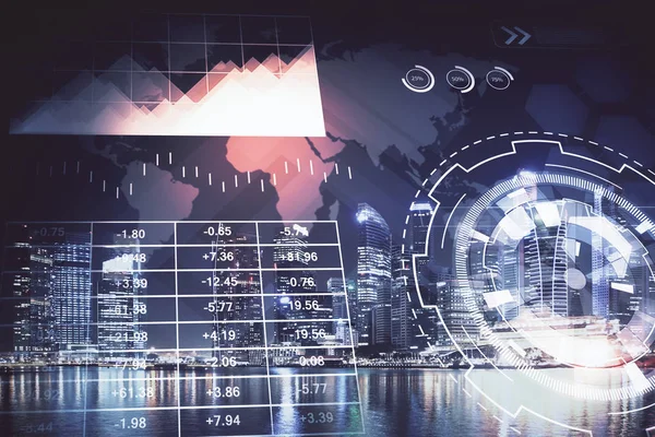 Yüksek binalar arka plan çok pozlama ile şehir scape mali grafik. Analiz kavramı.