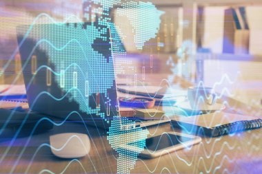 Eski pazar grafiği hologramı ve kişisel bilgisayar geçmişi. Çifte maruziyet. Yatırım kavramı.