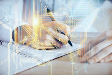 Çifte pozlama uluslararası bağlantı konsepti simgelerine sahip bir adam.