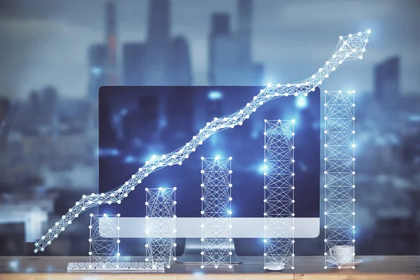 Finansiell diagram ritning och tabell med dator på bakgrunden. Multiexponering. Begreppet internationella marknader. — Stockfoto