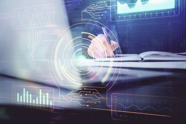 Teknoloji temalı insan elleri çift pozlama çizimleri.