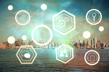 Sosyal ağ tema çizimi ve şehir manzarası arka planına çift pozlama. Bağlantı insanları kavramı.