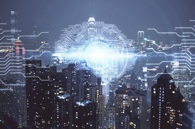 Şehrin arka planına beyin hologramı çizimi. Çifte maruz kalma. Beyin fırtınası konsepti.
