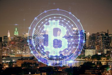 Kripto para birimi temalı hologram çizimine ve şehrin arka planına çoklu maruz kalma. Engelleme zinciri ve bitcoin kavramı.