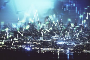 Yüksek binalar arka plan çift pozlama ile gece şehir scape mali grafik. Analiz kavramı.