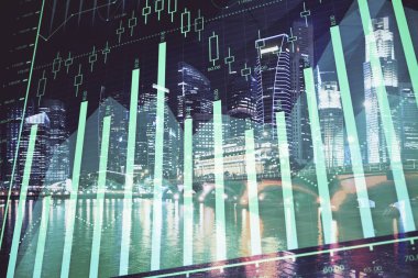 Yüksek binalar arka plan çok pozlama ile şehir scape mali grafik. Analiz kavramı.