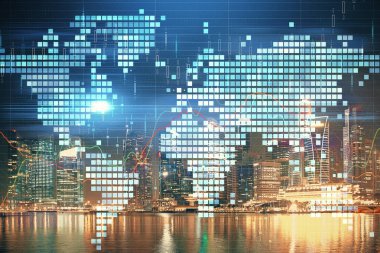 İş temalı hologram çizimine ve şehrin arka planına çifte maruz kalma. Başarı kavramı.