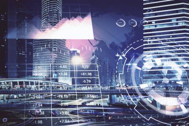 Yüksek binalar arka plan çok pozlama ile şehir scape mali grafik. Analiz kavramı.