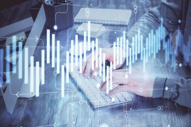 Adam ile mali grafik çift pozlama arka planda ofiste çalışır. Analiz kavramı.