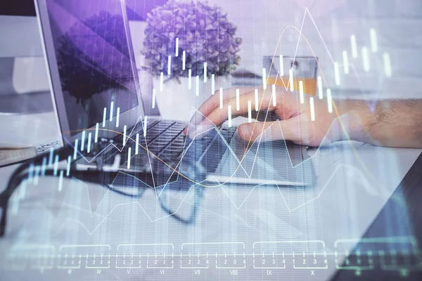 Mehrfachbelichtung des Diagramms mit Eingabe am Computer im Büro im Hintergrund. Konzept der harten Arbeit. Nahaufnahme. — Stockfoto