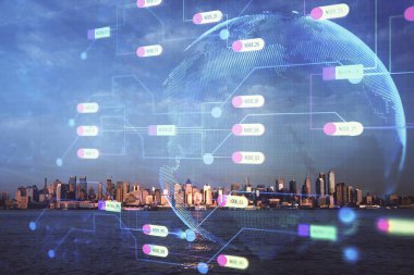 Veri temalı hologram gökdelenler arka planda çoklu pozlama ile şehir görünümüne çizim yapıyor. Büyük veri kavramı.