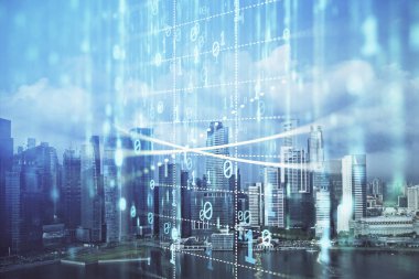 Veri temalı hologram gökdelenler arka planda çoklu pozlama ile şehir görünümüne çizim yapıyor. Büyük veri kavramı.