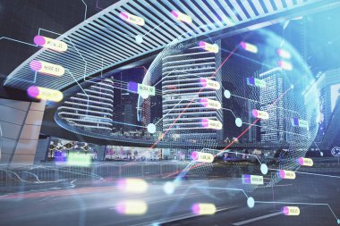 Şehir görünümünde harita ve veri temalı hologram ile gökdelenler arka planda çift pozlama. İş kavramında uluslararası teknoloji.