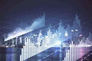 Yüksek binalar arka plan çok pozlama ile gece şehir scape mali grafik. Analiz kavramı.