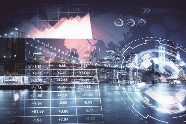 Yüksek binalar arka plan çok pozlama ile gece şehir scape mali grafik. Analiz kavramı.