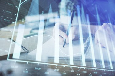 Finansal Forex grafiği el notları arka plan alarak çizilmiş. Araştırma kavramı. Çoklu pozlama