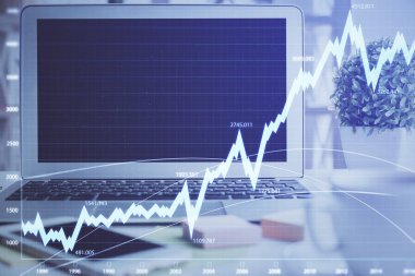 Eski pazar grafiği hologramı ve kişisel bilgisayar geçmişi. Çoklu maruz kalma. Yatırım kavramı.