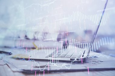 Bilgisayar geçmişi olan eski grafik hologramı. Çoklu maruz kalma. Finans piyasası kavramı.