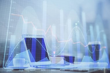 Bilgisayar geçmişi olan eski grafik hologramı. Çifte maruziyet. Finans piyasası kavramı.