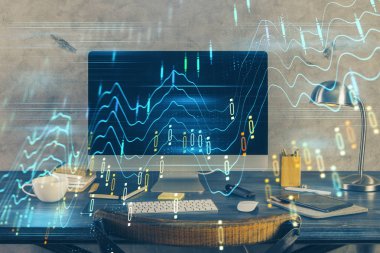 Forx grafiği ve bilgisayarla çalışma alanı çoklu pozlama. Uluslararası çevrimiçi ticaret kavramı.