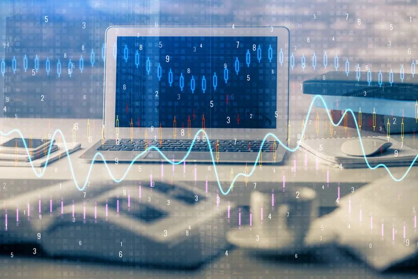 Double exposure of graph and financial info and work space with computer background. Concept of international online trading. — Stock Photo, Image