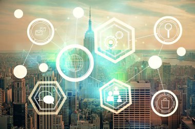 Sosyal ağ tema çizimi ve şehir manzarası arka planına çift pozlama. Bağlantı insanları kavramı.